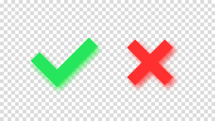 Check mark approval green mark icon red cross cancel mark isolated on transparent background with shadows. Check button, approve or deny, cancel. Yes or no vector icon