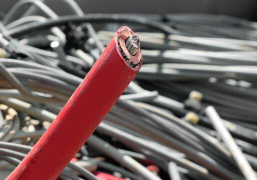Disused Red copper electrical cable for high voltage electricity in the recycling facility