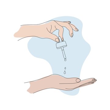 female hands with moisturizing serum pipette isolated on white background. Caring for health and youth. Vector hand drawn line of hands and blue spots art illustration. Skin care concept