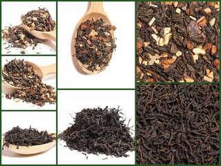 Collage with Black tea,delicious healthy herbal green tropical tea with dried fruits in a wooden...