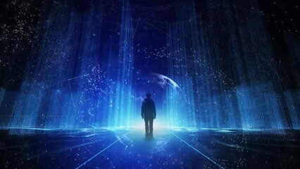 Futuristic augmented digital artificial intelligence city with people silhouette and technology network animation.