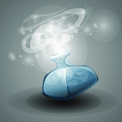 Magic bottle with smoke, cartoon vector illustration