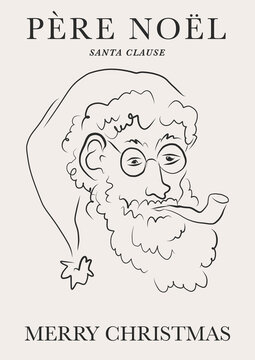 Vintage Santa Claus portrait in glasses with tobacco pipe linear sketchy drawing vector illustration. Santa face holiday season poster for xmas decor and card making. Merry Christmas gift ideas.