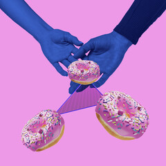 A couple of hands in love hold a donut with pink icing, bake. Modern art collage, contemporary design. Hand aesthetics. Fashion tones. copyspace. Surreal concept poster.