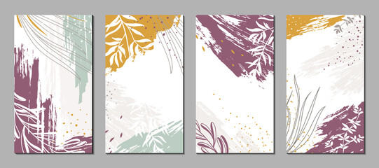 Set of templates for social media posts, stories, banners, covers, greeting cards, branding design. Abstract floral vector backgrounds with organic shapes, plants. Modern illustrations with textures 