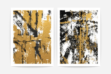 Abstract minimalist posters. Modern geometry chaotic painted prints golden texture, contemporary wall art. Vector set