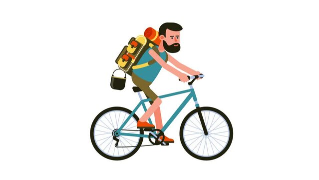 Cyclist with backpack. Tourist with backpack on mountain bike. Looped animation