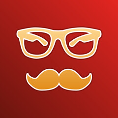 Mustache and Glasses sign. Golden gradient Icon with contours on redish Background. Illustration.