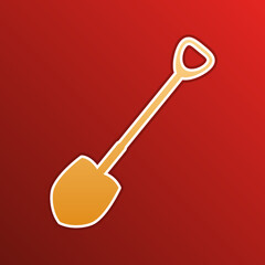 Shovel to work in the garden. Golden gradient Icon with contours on redish Background. Illustration.