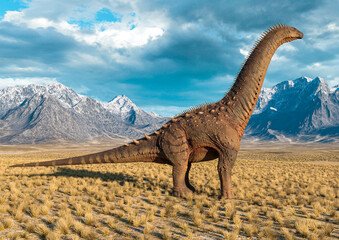 alamosaurus is standing up in the plains and mountains side view © DM7