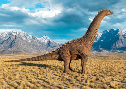 alamosaurus is standing up in the plains and mountains side view