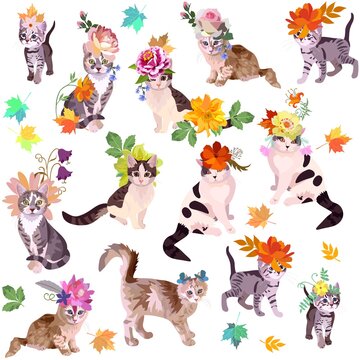 Fashionista cats in flower hats isolated on white background in vector. Sweet seamless pattern for fabric. Design elements. Natural print with Chinese New Year 2023 symbols.