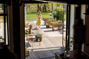 Young woman taking care of herbs growing at home vegetable garden in the backyard of house. View through the window - obrazy, fototapety, plakaty