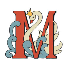 Letters M Drop Caps. Vector hand-drawing letter. Fabulous ornament with a swan princess