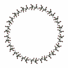 Round frame with simple pink and green branches on white background. Vector image.