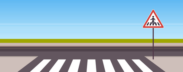 Traffic signs on city road and crosswalk concept flat vector illustration. 
