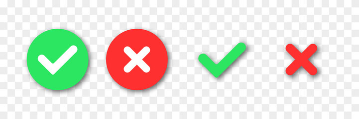 Check mark approval green icon, red cross mark isolated on transparent background with realistic shadows. Check button, approve or deny, cancel. Yes or no vector icon