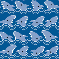 Seamless pattern with cute cartoon sharks