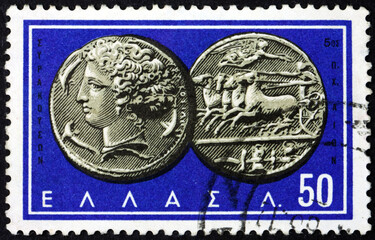 Postage stamp Greece 1963 Nymph Arethusa and Chariot, Coin