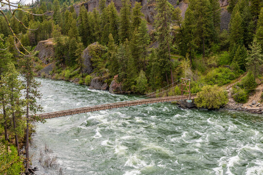 Swinging Bridge Over the Spokane River at Riverside State Park, Nine Mile Falls, Washington.