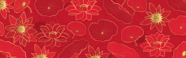 Vector banner with golden lotus in line-art style on a red background.