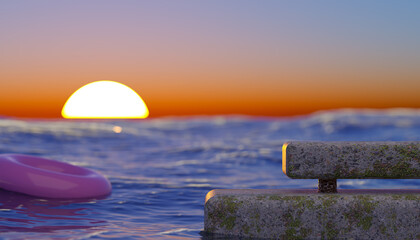 Realistic 3d illustration of the sea with a concrete pier and a purple swim ring against the backdrop of the setting sun. 3D Render of sunset.
