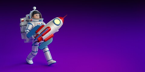 3d astronaut in a spacesuit with rocket in his hands. Poster template. 3d illustration. 3d render.