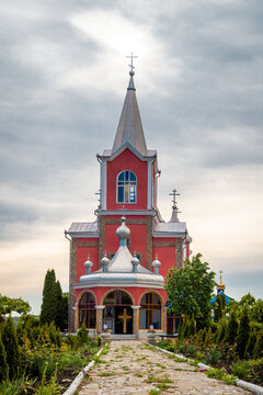 Orthodox church painted in red . Monastery of village Zloti, Causeni from Moldova, monastery