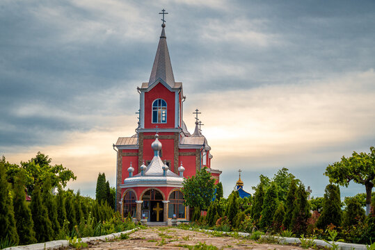 Orthodox church painted in red . Monastery of village Zloti, Causeni from Moldova, monastery