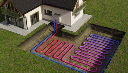 Horizontal ground source heat pump system for heating home with geothermal energy. 3D rendered illustration. - obrazy, fototapety, plakaty