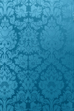 Retro floral ornamental victorian wallpaper fabric in blue full frame repeating