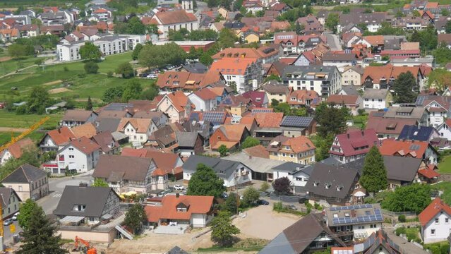 View of red authentic colorful German roofs. Typical German houses in Germany, aerial view