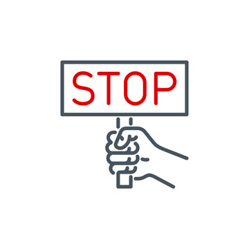 hand clenched into fist holds sign with inscription stop single line icon isolated on white. Perfect outline symbol protest against no war with stop banner. protest design element with editable Stroke