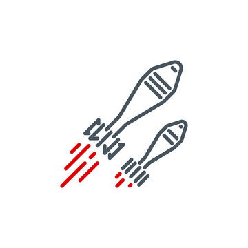 bombing with atomic aerial bombs single line icon isolated on white. Perfect outline aero bomb symbol. Nuclear bombing war banner. falling bomb spread of democracy design element with editable Stroke