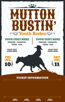 A mutton busting rodeo event poster. This is a youth rodeo event where children contestants ride bucking sheep.