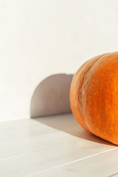 Background pumpkin with shadow on a white wooden background. Autumn Vegetables and Harvest