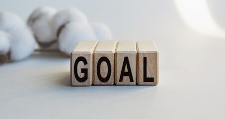 The inscription GOAL on wooden cubes isolated on a light background, the concept of business and finance.