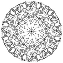 mandala with butterflies and floral motifs, meditative coloring page with fantasy patterns