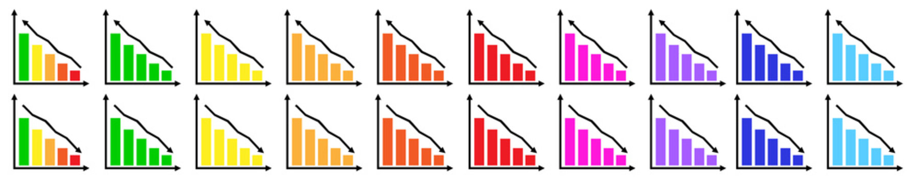 Simple colored collection of reduction related line icons. Thin line image jpeg set of signs for infographic, logo, app development and website design. column growth and decrease charts with arrows is