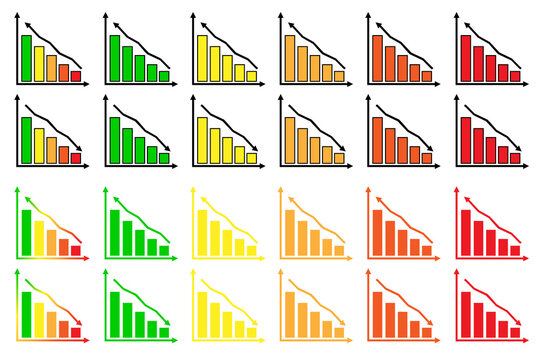 Simple colored collection of reduction related line icons. Thin line image jpeg set of signs for infographic, logo, app development and website design. column growth and decrease charts with arrows is