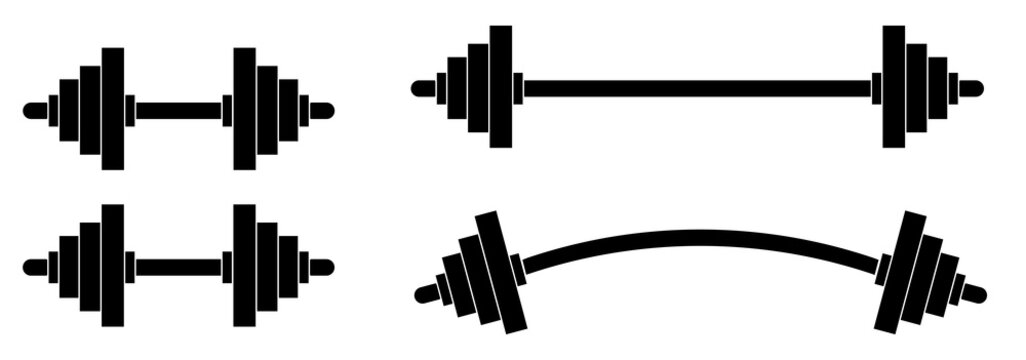 Set of dumbbells and barbells for the gym. Black icon for fitness and sports center. Barbell and dumbbells logo design. jpg image jpeg illustration