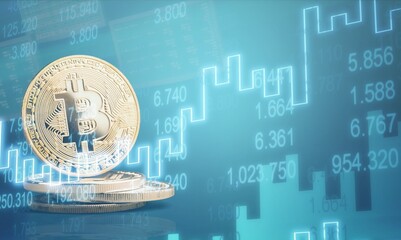 Chart with physical bitcoin. Investing in virtual assets concept.