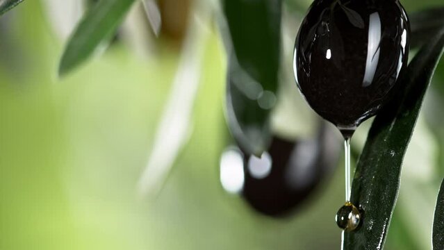 Super slow motion of dripping oil drop from black olive. Concept of pressed olive oil, macro shot. Filmed on high speed cinema camera, 1000fps.