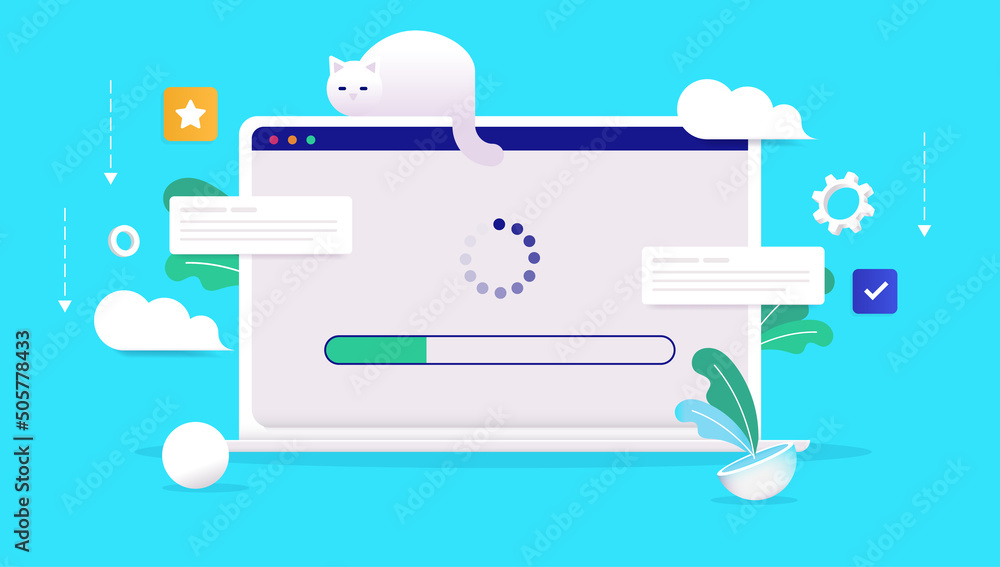 Poster Software update - Laptop computer with load bar and loading wheel on screen, updating system and software. Vector illustration
