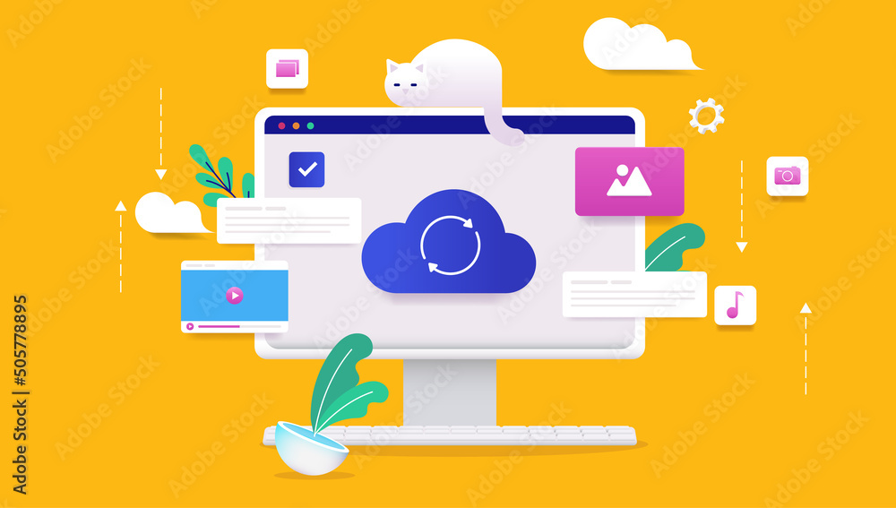 Poster Cloud working - Desktop computer screen with symbol syncing with cloud service. Vector illustration