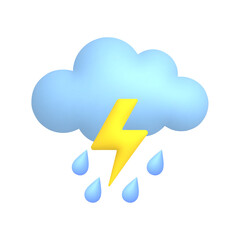 Thunderstorm, cloud, rain drops and lightning. Cute weather realistic icon. 3d cartoon.