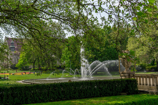 City of Poznań, Summer, Mickiewicz Park with a fountain and green trees, plane trees.
