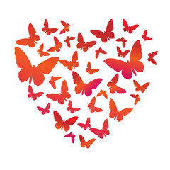 Card template with heart made of silhouettes of butterflies on white background.