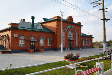Sviyazhsk, Russia - September 13, 2021. Station Sviyazhsk. Red brick railway station building - 505781687
