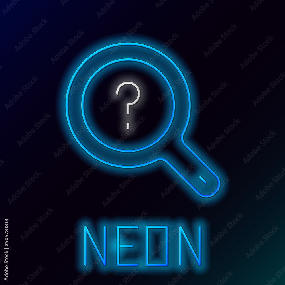 Poster glowing neon line unknown search icon isolated on black background. magnifying glass and question ma